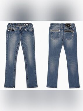Y2K Vintage Miss Me Women's Low Rise Faded Blue Jeans with Zip Back Details